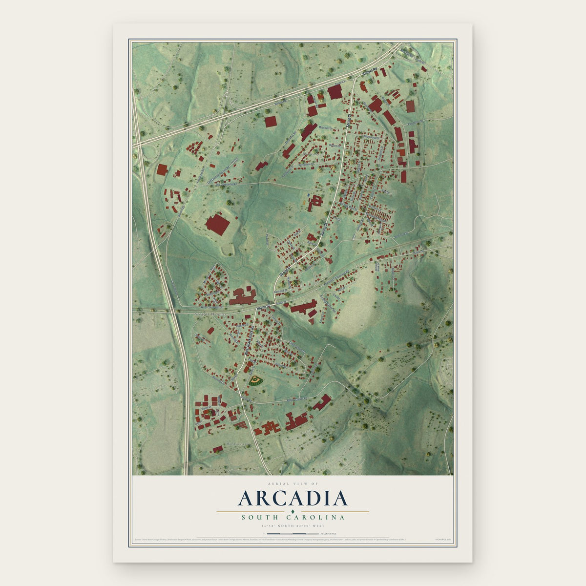 Arcadia, South Carolina map print, the full design