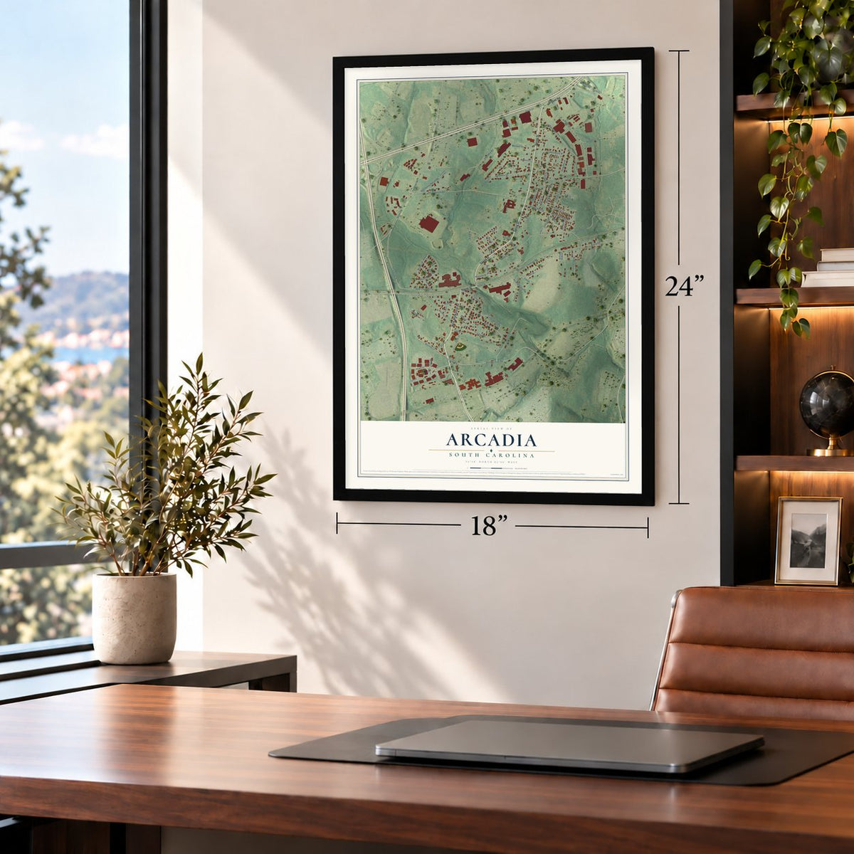 Arcadia, South Carolina map, 18 x 24 inch print in a black frame in a home office