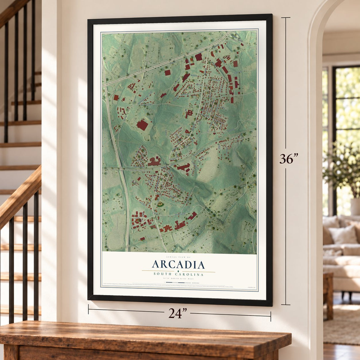 Arcadia, South Carolina map, 24 x 36 inch print in a black frame by a staircase