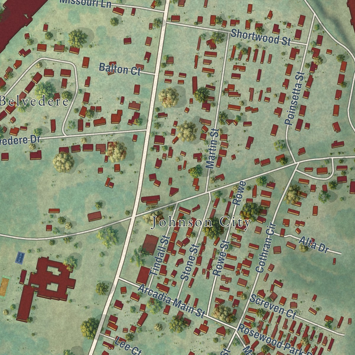 Close-up of the map of Arcadia, South Carolina print showing street and building detail