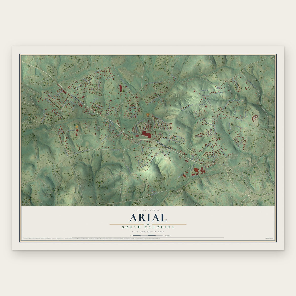Arial, South Carolina map print, the full design