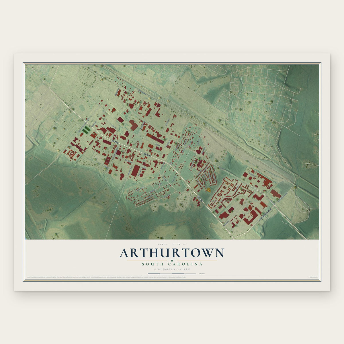 Arthurtown, South Carolina map print, the full design