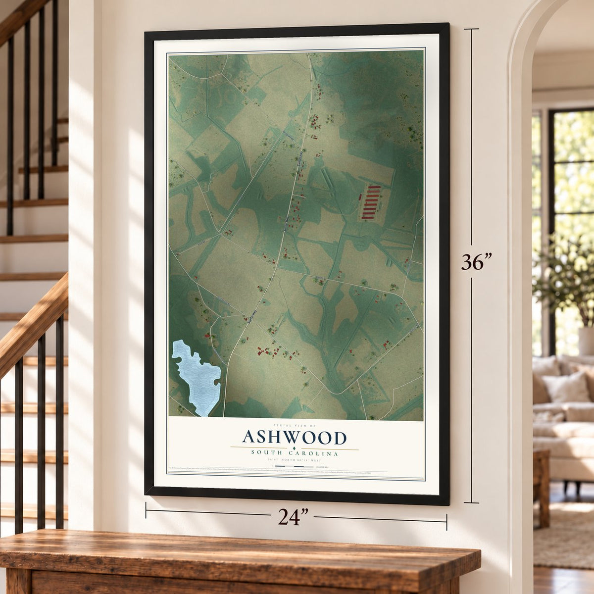 Ashwood, South Carolina map, 24 x 36 inch print in a black frame by a staircase
