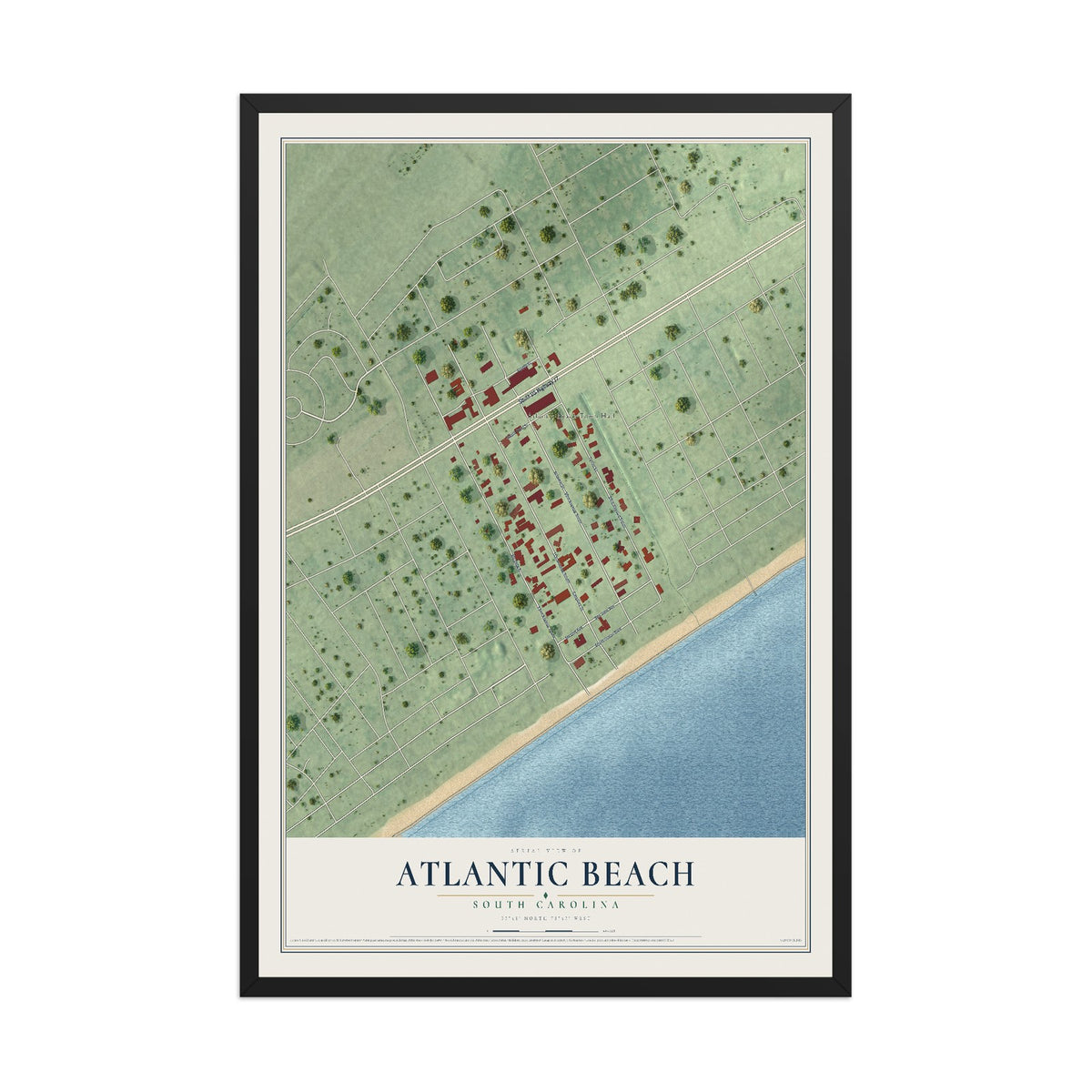 Map of Atlantic Beach, South Carolina, 12 x 18 inch print in a black wood frame