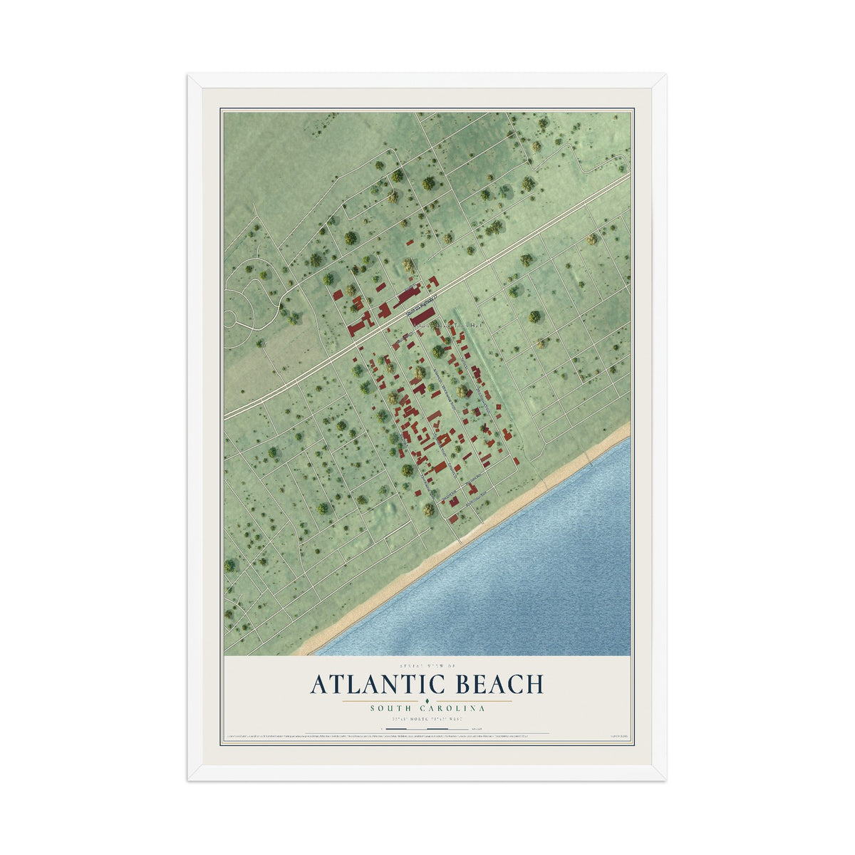 Map of Atlantic Beach, South Carolina, 12 x 18 inch print in a white wood frame