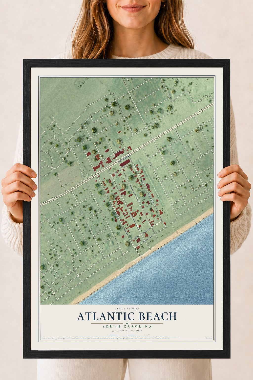 Map of Atlantic Beach, South Carolina, 18 x 24 inch print in a black wood frame