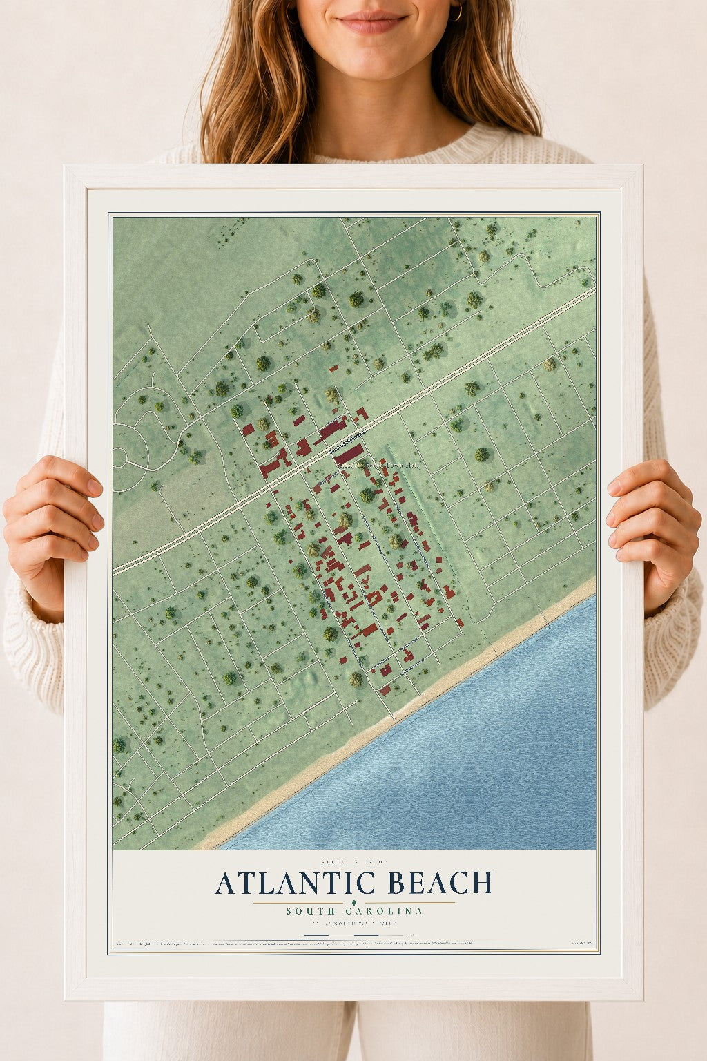 Map of Atlantic Beach, South Carolina, 18 x 24 inch print in a white wood frame