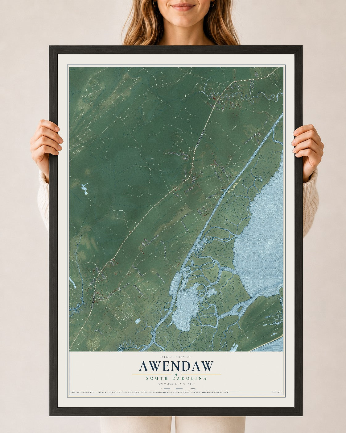 Map of Awendaw, South Carolina, 24 x 36 inch print in a black wood frame