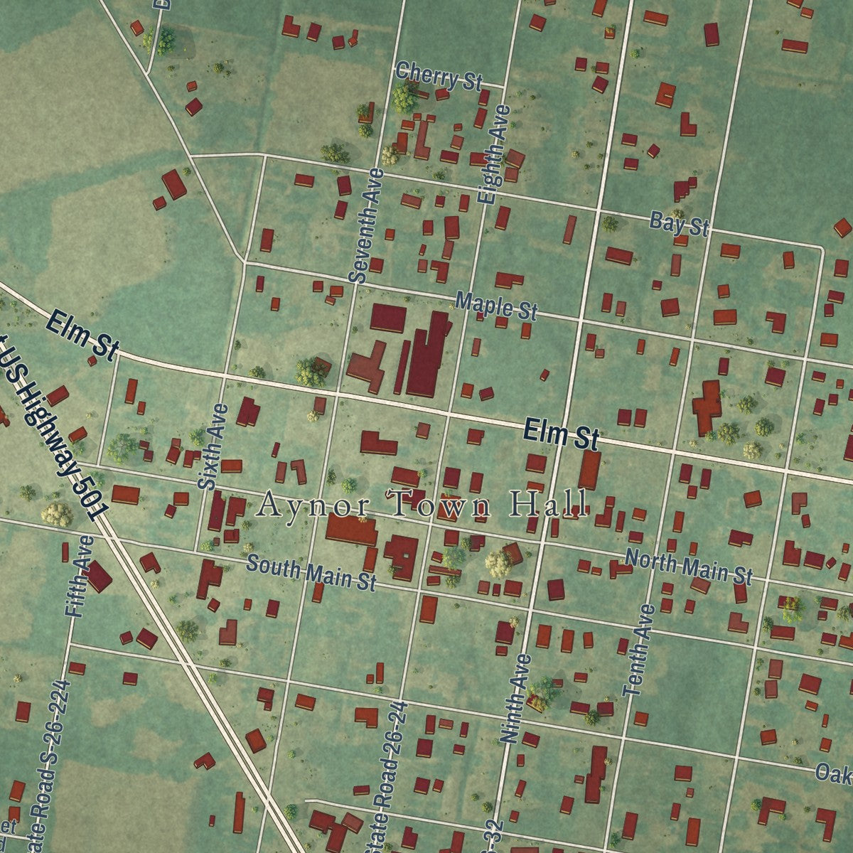 Close-up of the map of Aynor, South Carolina print showing street and building detail