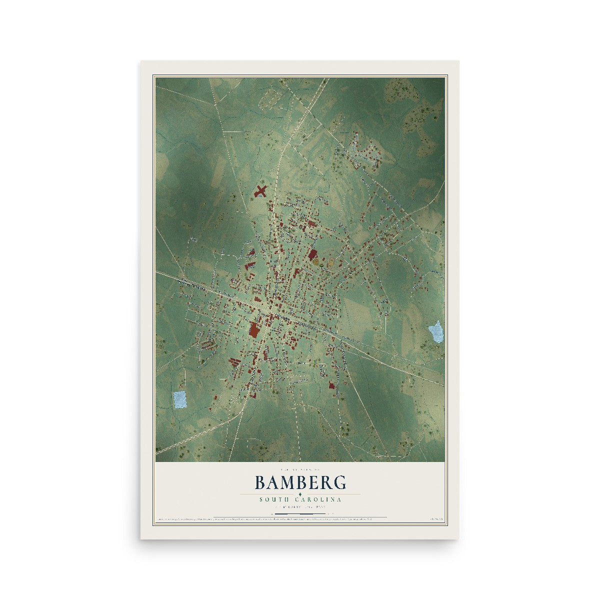 Map of Bamberg, South Carolina, 12 x 18 inch unframed archival matte print