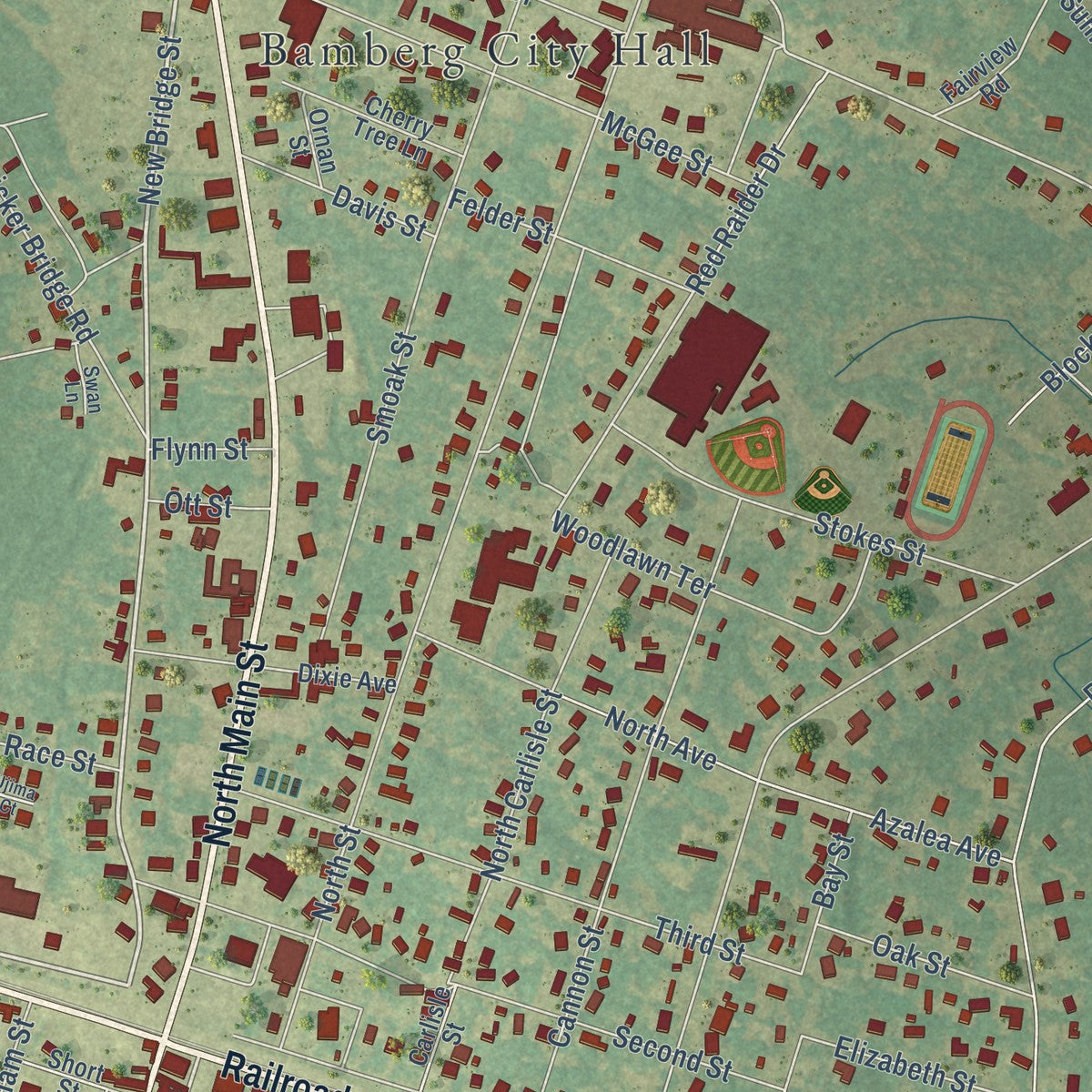 Close-up of the map of Bamberg, South Carolina print showing street and building detail