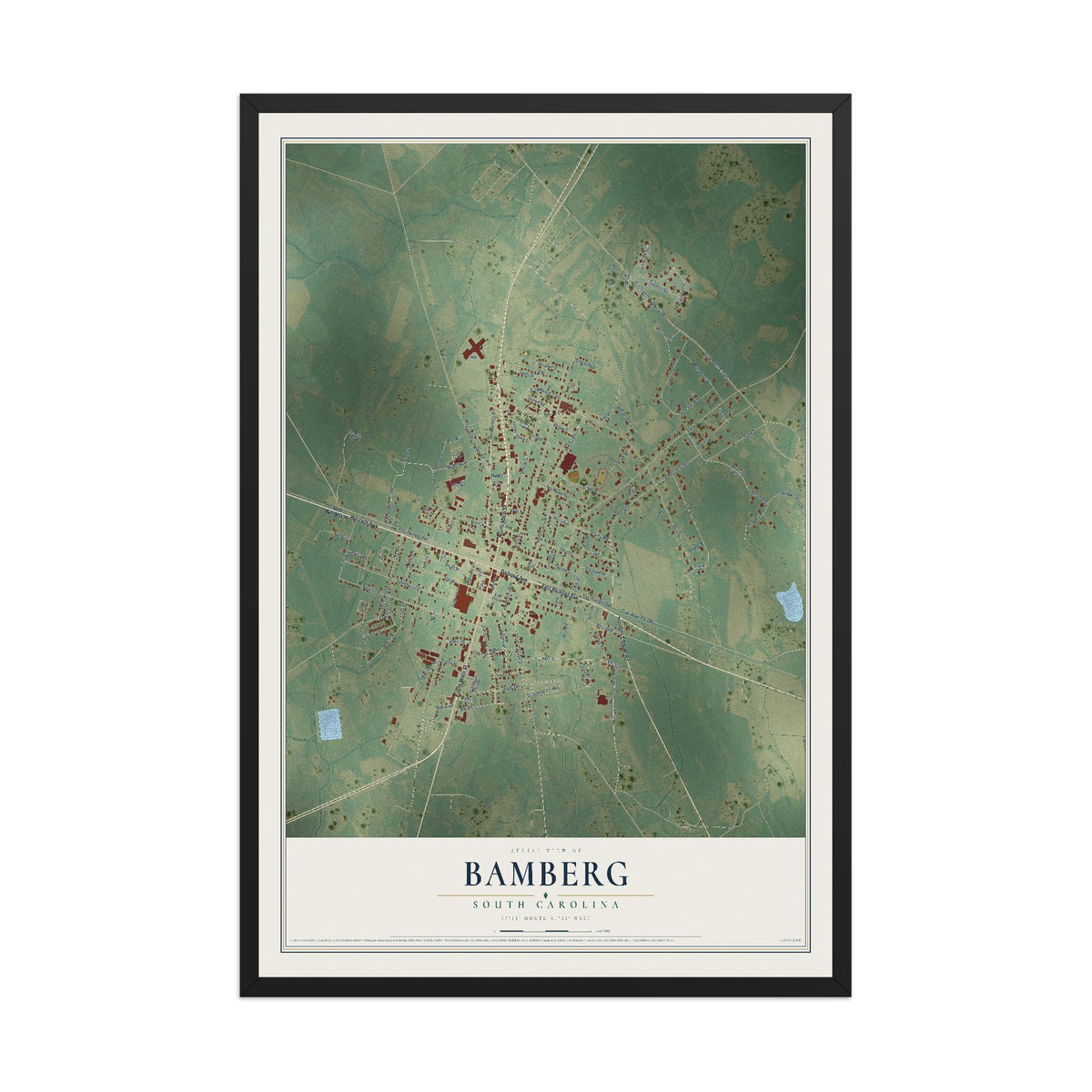 Map of Bamberg, South Carolina, 12 x 18 inch print in a black wood frame