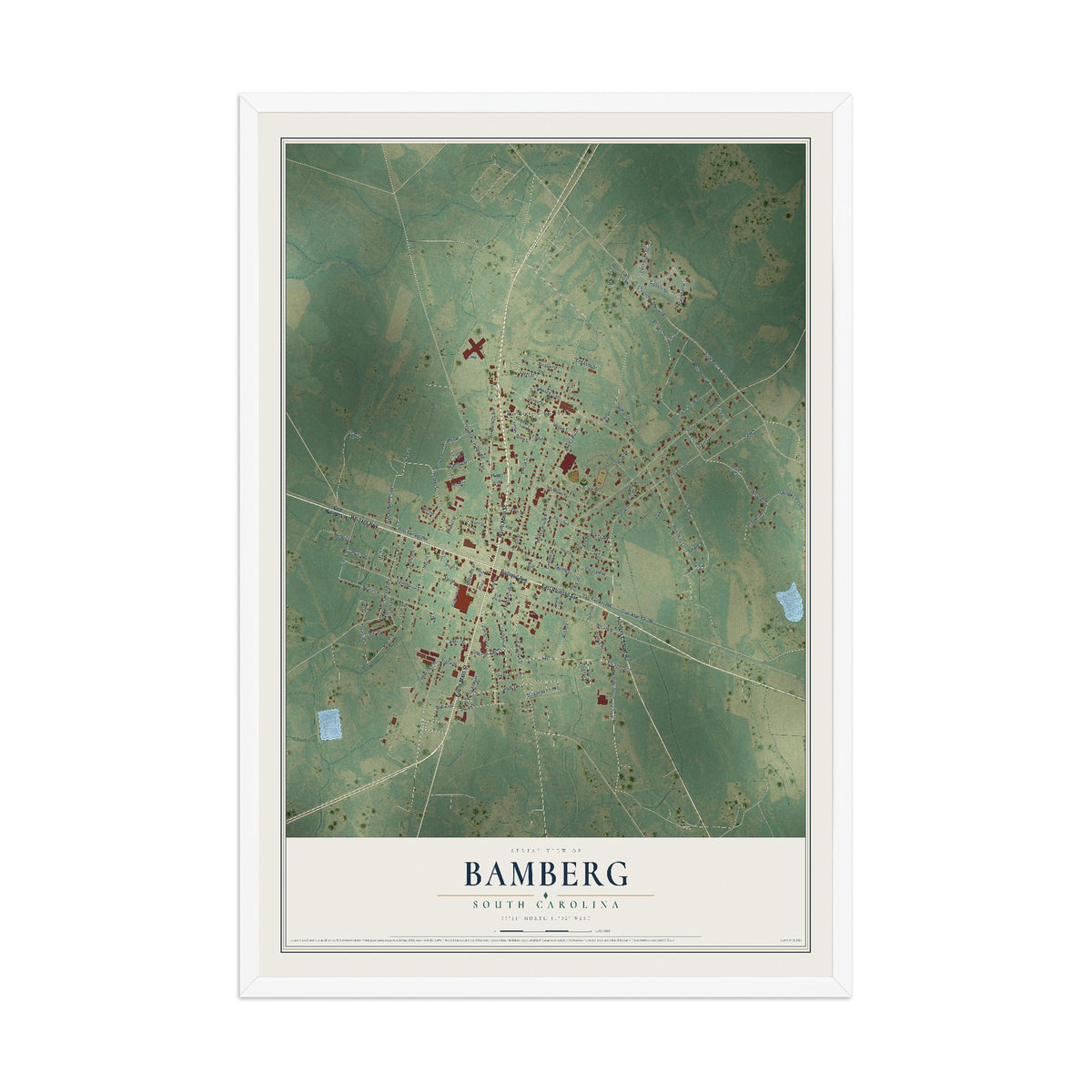 Map of Bamberg, South Carolina, 12 x 18 inch print in a white wood frame