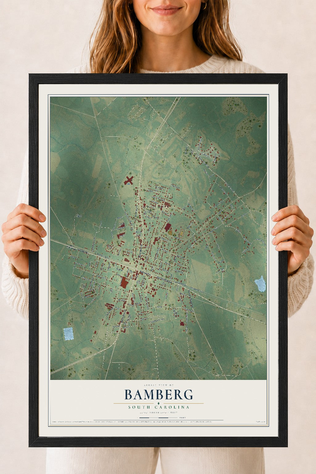 Map of Bamberg, South Carolina, 18 x 24 inch print in a black wood frame