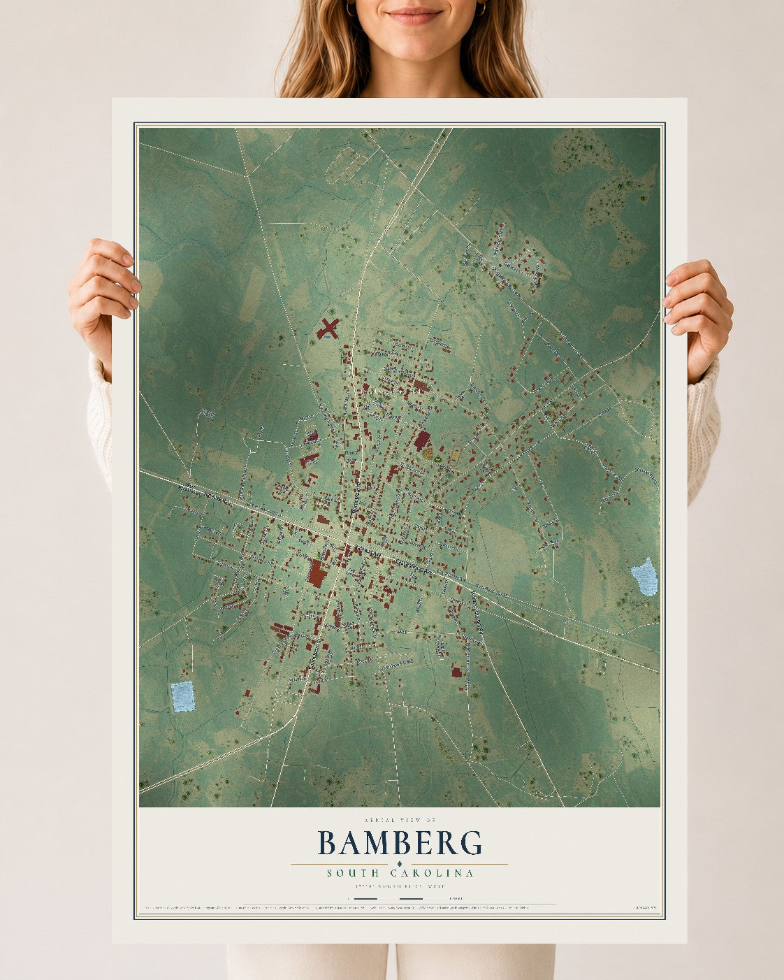 Map of Bamberg, South Carolina, 24 x 36 inch unframed archival matte print