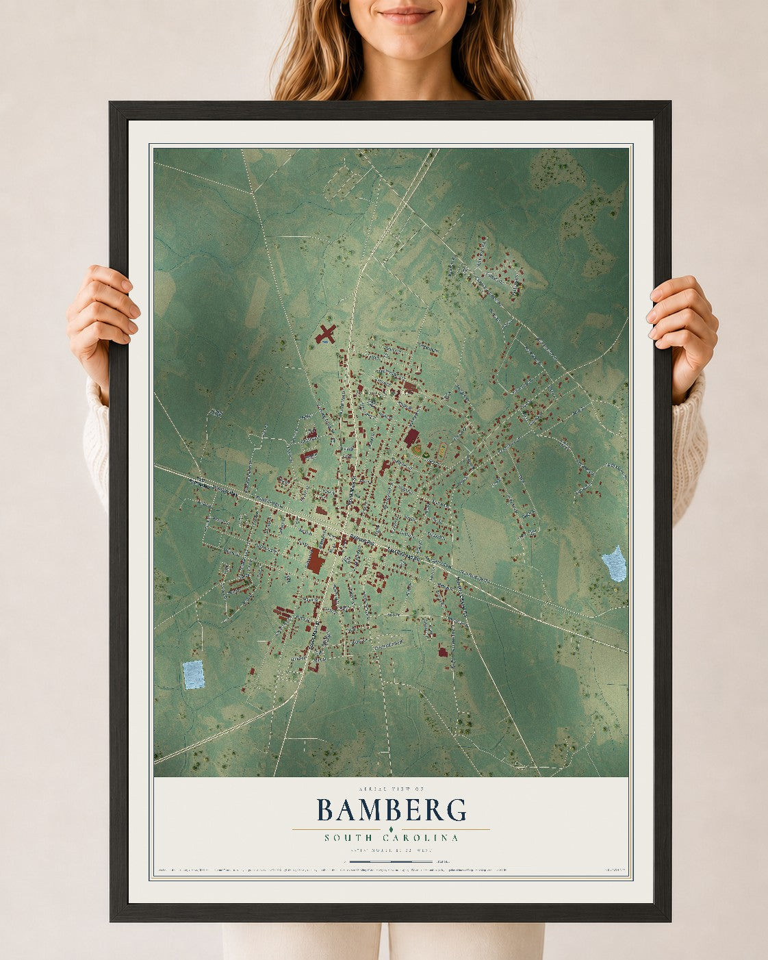 Map of Bamberg, South Carolina, 24 x 36 inch print in a black wood frame