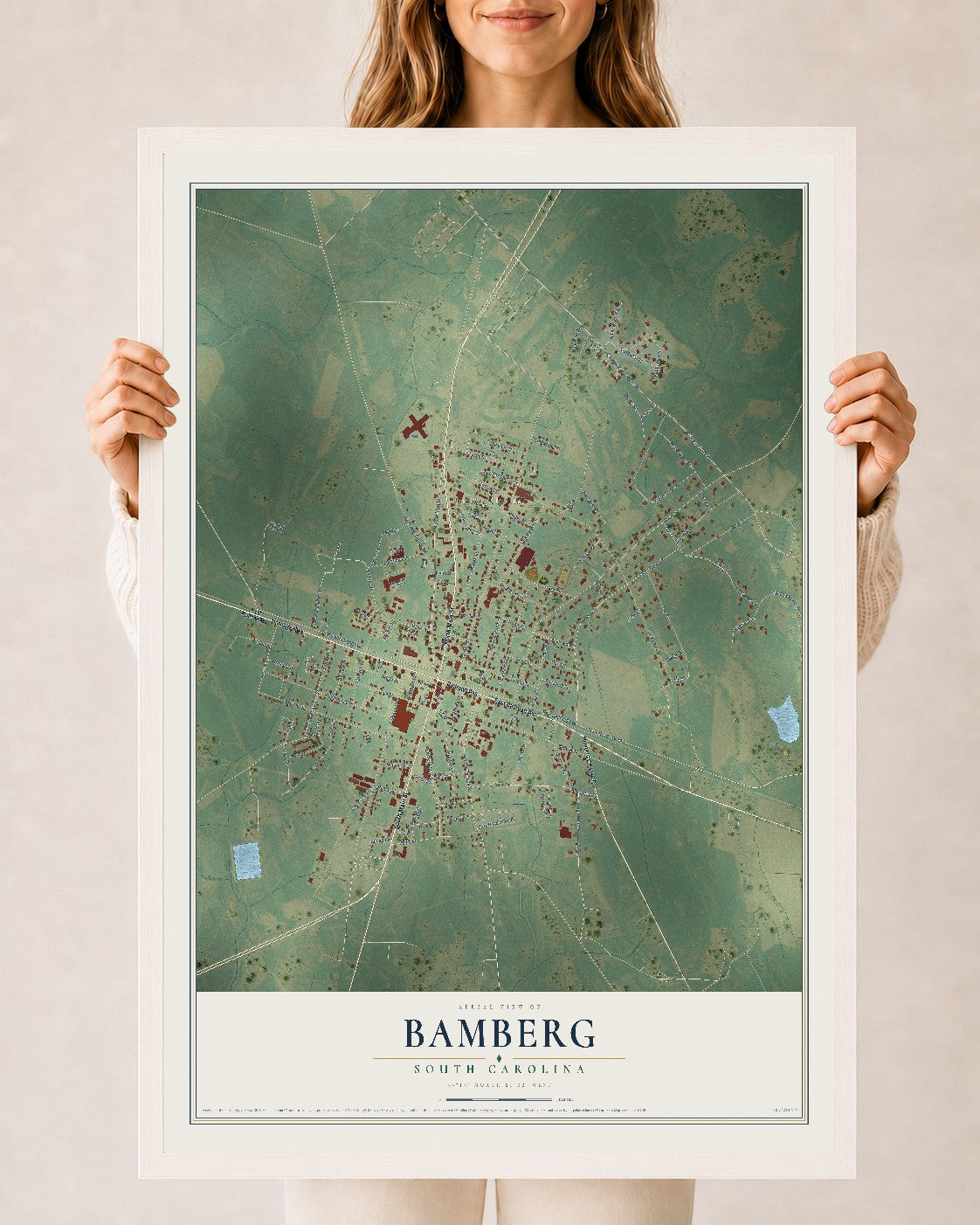 Map of Bamberg, South Carolina, 24 x 36 inch print in a white wood frame