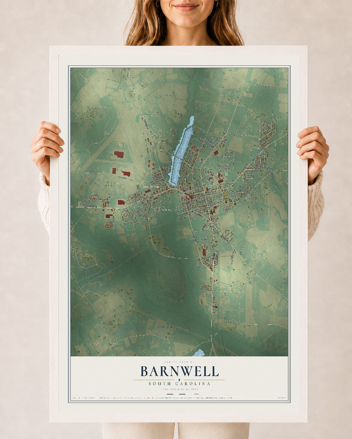 Map of Barnwell, South Carolina, 24 x 36 inch print in a white wood frame