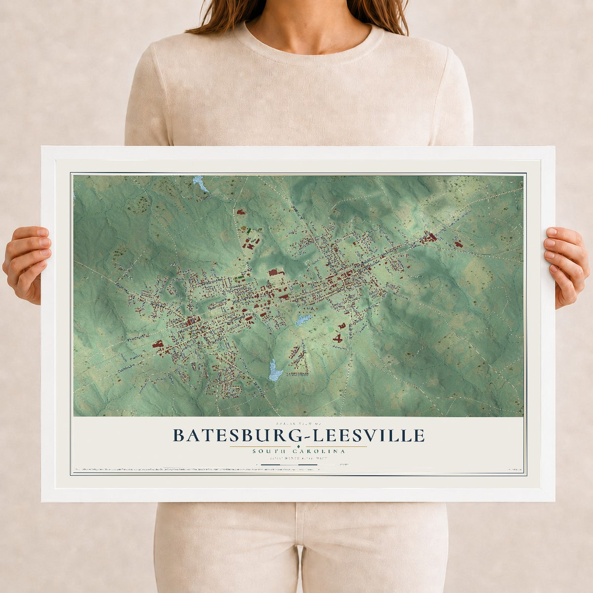 Map of Batesburg-Leesville, South Carolina, 12 x 18 inch print in a white wood frame