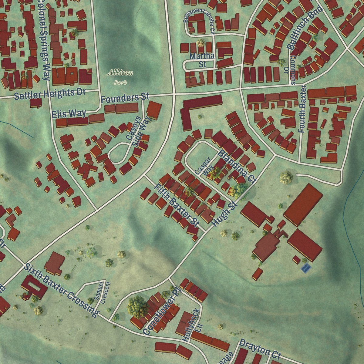 Close-up of the map of Baxter Village, South Carolina print showing street and building detail