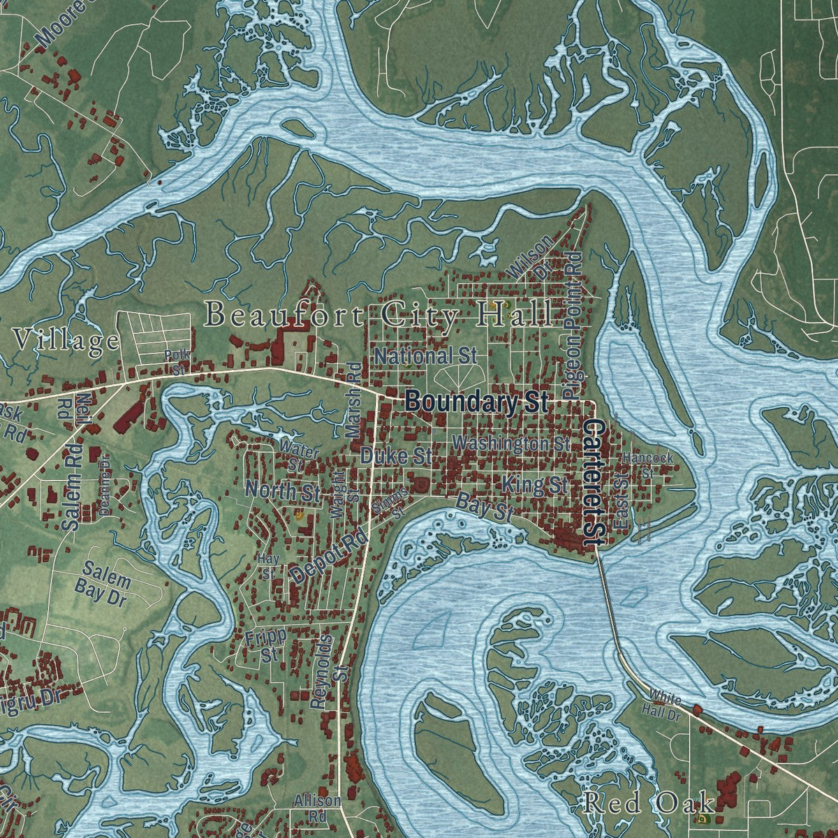 Close-up of the map of Beaufort, South Carolina print showing street and building detail