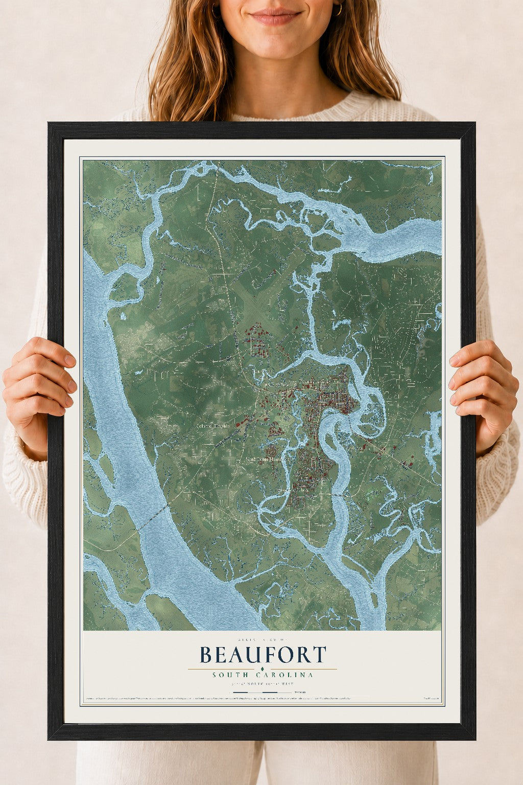 Map of Beaufort, South Carolina, 18 x 24 inch print in a black wood frame
