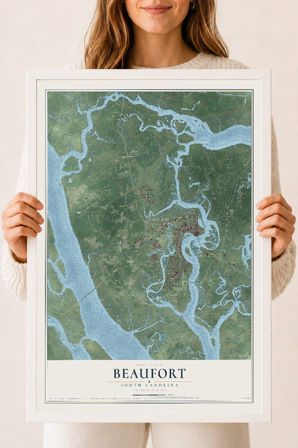 Map of Beaufort, South Carolina, 18 x 24 inch print in a white wood frame
