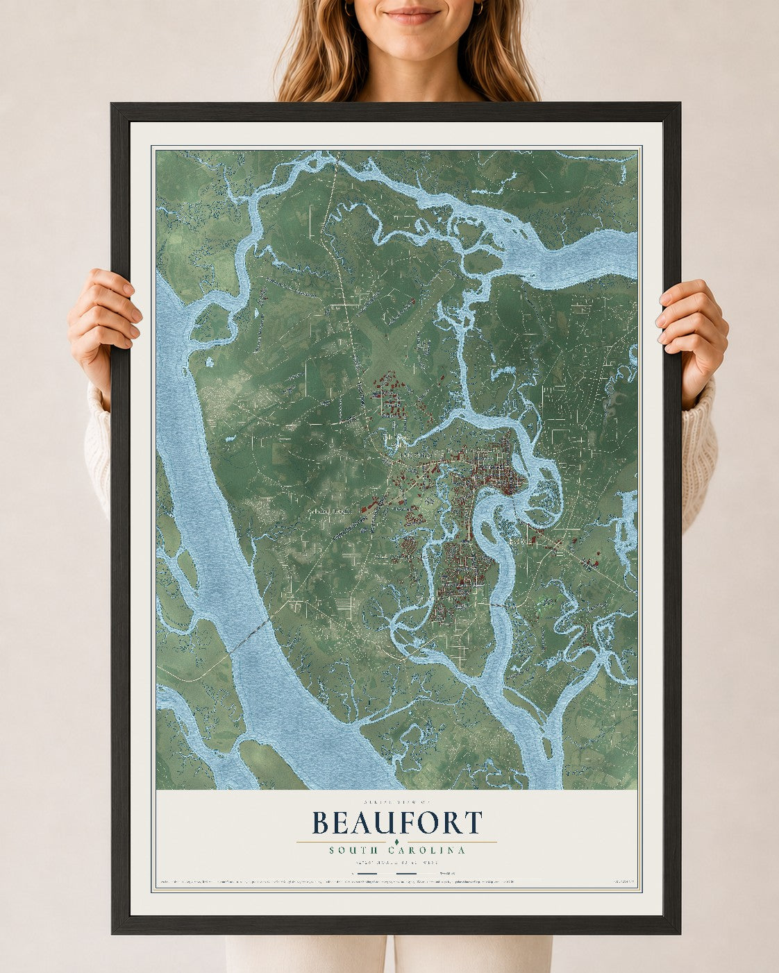 Map of Beaufort, South Carolina, 24 x 36 inch print in a black wood frame