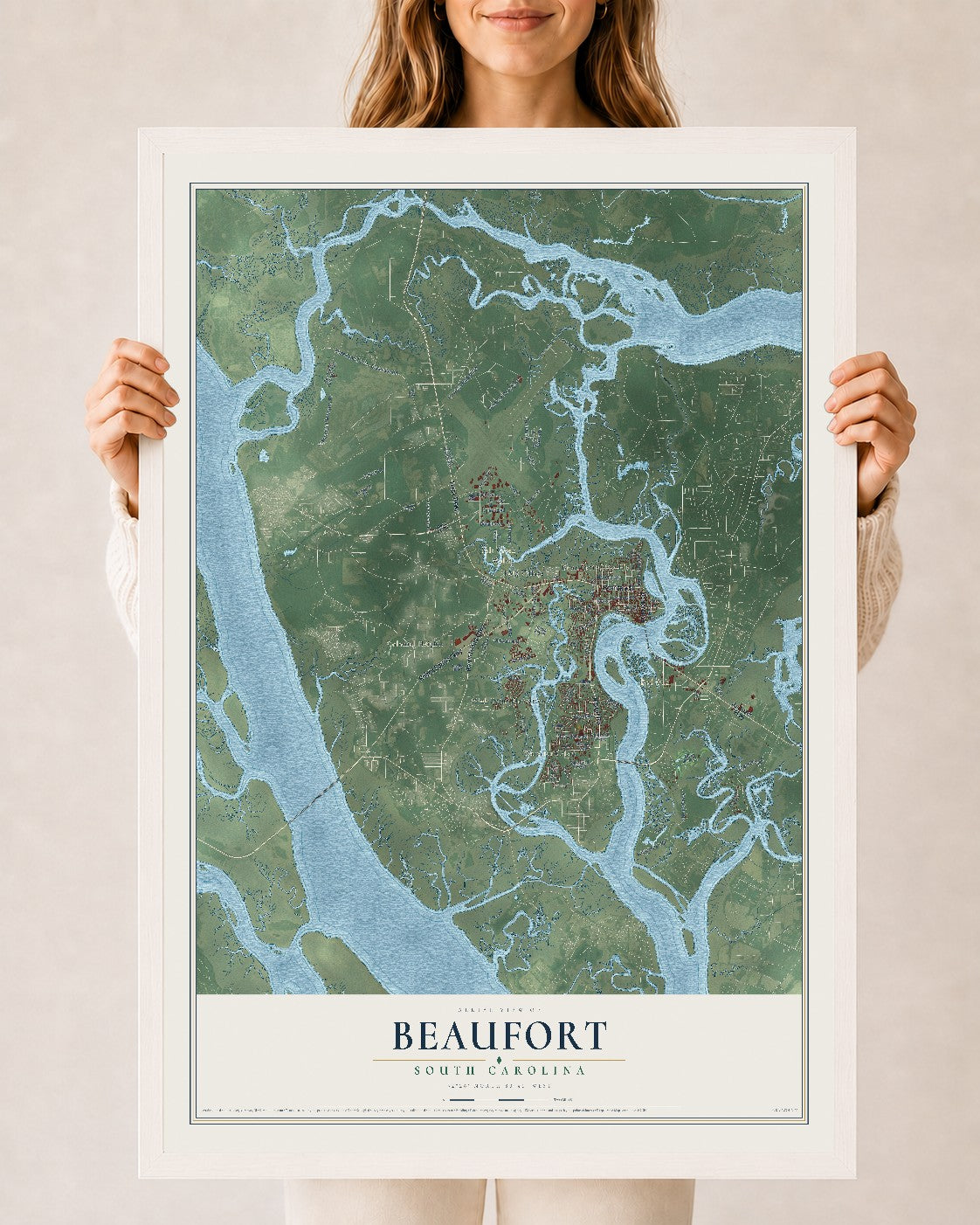 Map of Beaufort, South Carolina, 24 x 36 inch print in a white wood frame
