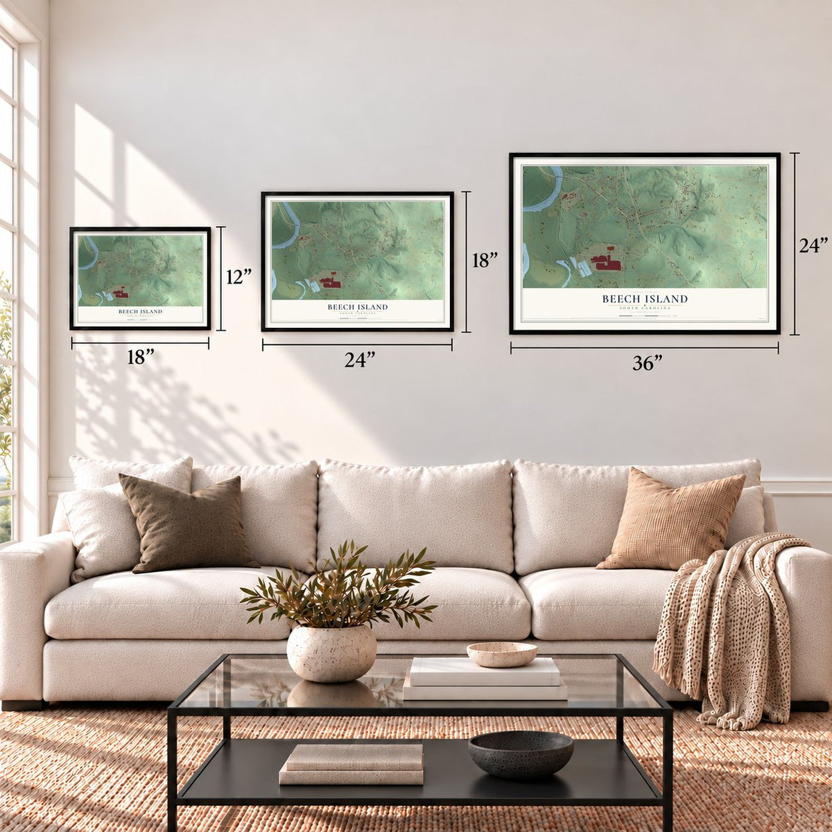 Beech Island, South Carolina map in 12 x 18, 18 x 24 and 24 x 36 inch sizes above a sofa