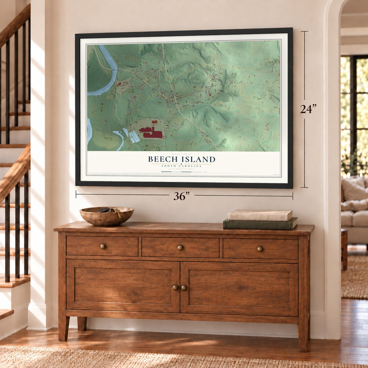 Beech Island, South Carolina map, 24 x 36 inch print in a black frame above a dresser by a staircase