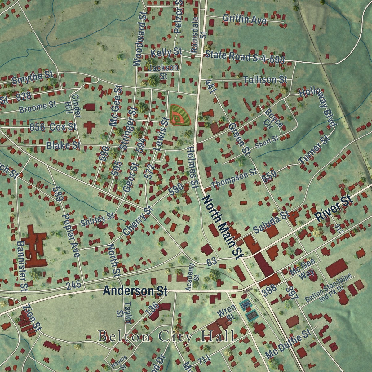 Close-up of the map of Belton, South Carolina print showing street and building detail