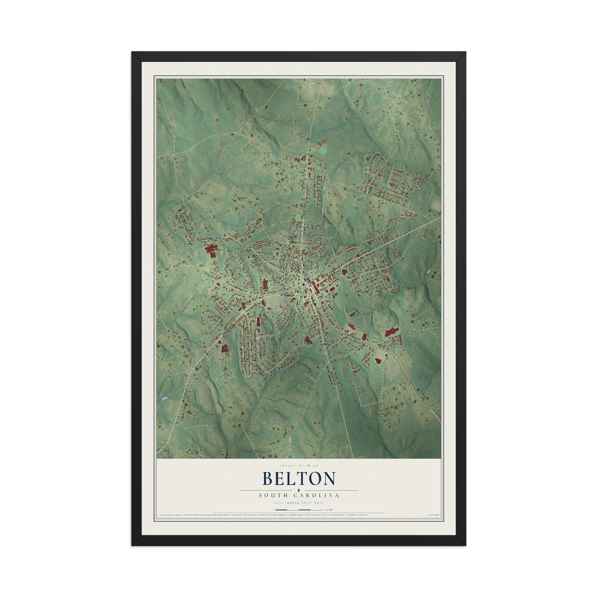 Map of Belton, South Carolina, 12 x 18 inch print in a black wood frame