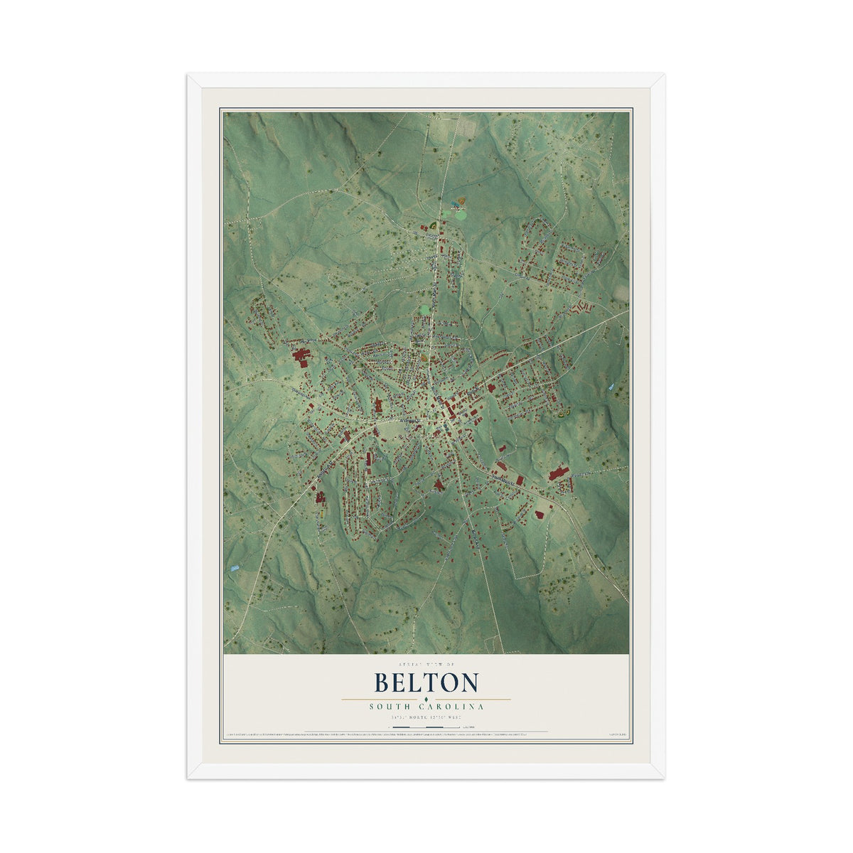 Map of Belton, South Carolina, 12 x 18 inch print in a white wood frame