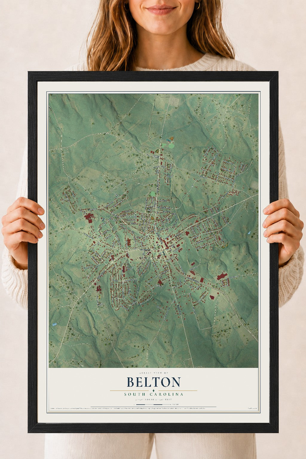 Map of Belton, South Carolina, 18 x 24 inch print in a black wood frame