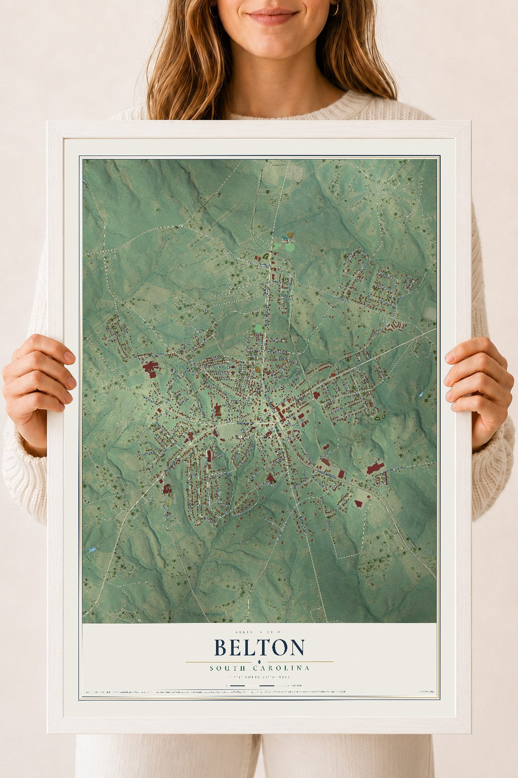 Map of Belton, South Carolina, 18 x 24 inch print in a white wood frame