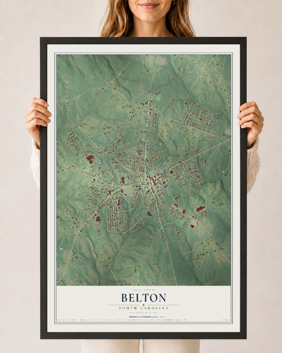 Map of Belton, South Carolina, 24 x 36 inch print in a black wood frame