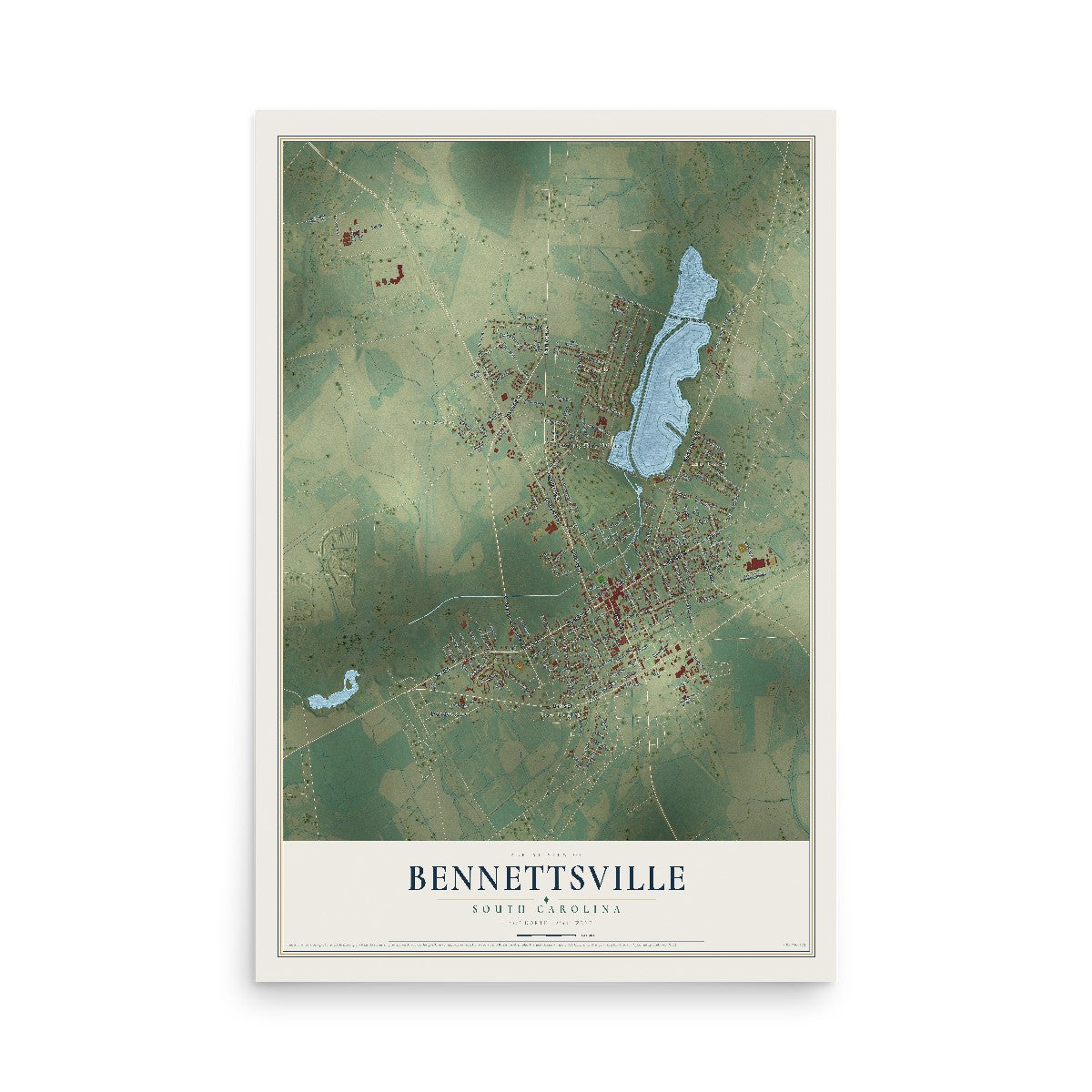 Map of Bennettsville, South Carolina, 12 x 18 inch unframed archival matte print