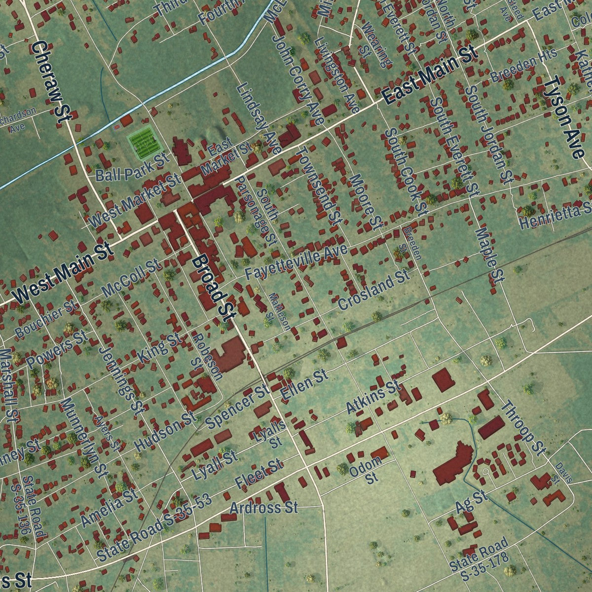 Close-up of the map of Bennettsville, South Carolina print showing street and building detail