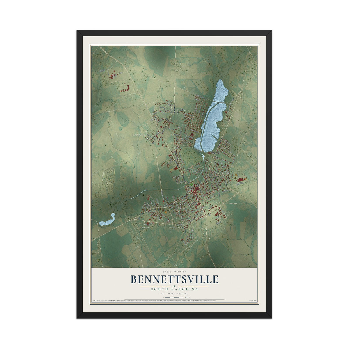 Map of Bennettsville, South Carolina, 12 x 18 inch print in a black wood frame