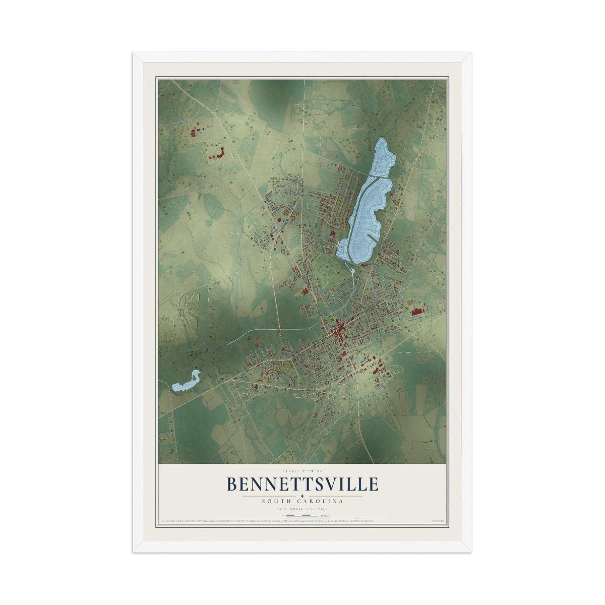 Map of Bennettsville, South Carolina, 12 x 18 inch print in a white wood frame
