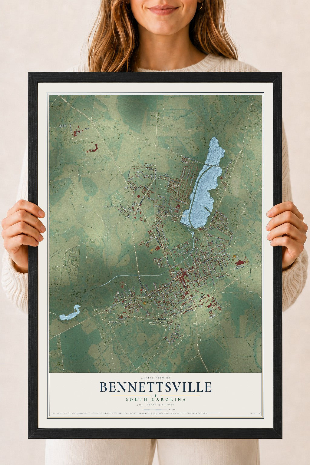 Map of Bennettsville, South Carolina, 18 x 24 inch print in a black wood frame