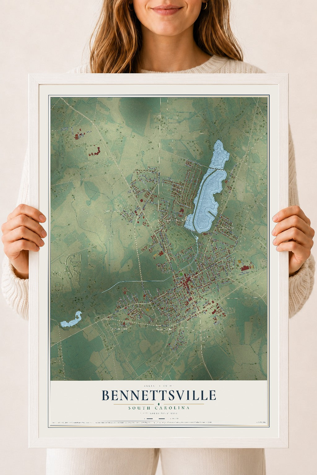 Map of Bennettsville, South Carolina, 18 x 24 inch print in a white wood frame