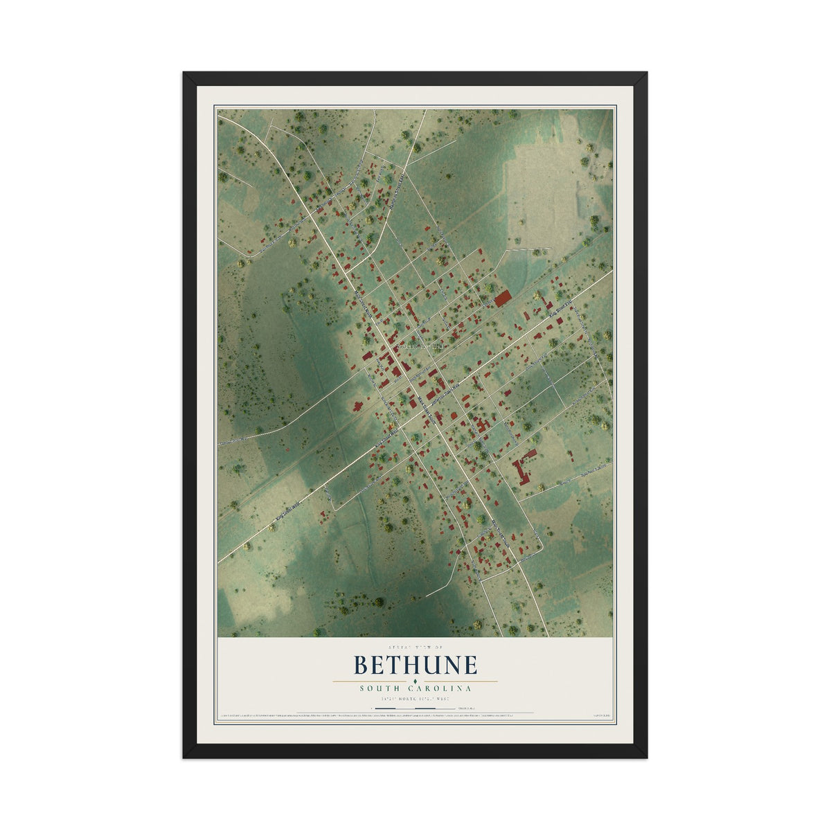 Map of Bethune, South Carolina, 12 x 18 inch print in a black wood frame