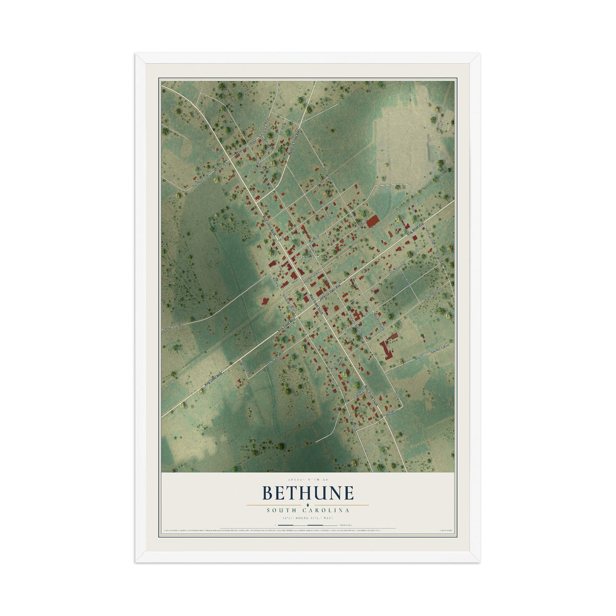 Map of Bethune, South Carolina, 12 x 18 inch print in a white wood frame
