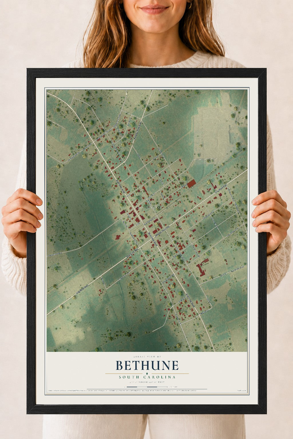 Map of Bethune, South Carolina, 18 x 24 inch print in a black wood frame