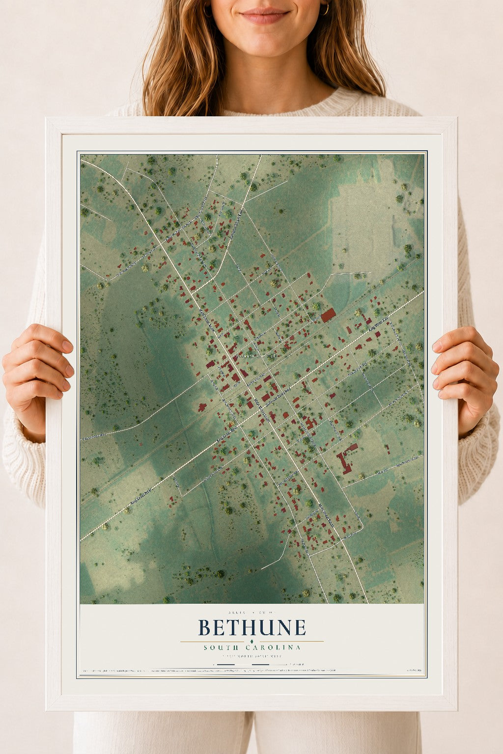 Map of Bethune, South Carolina, 18 x 24 inch print in a white wood frame
