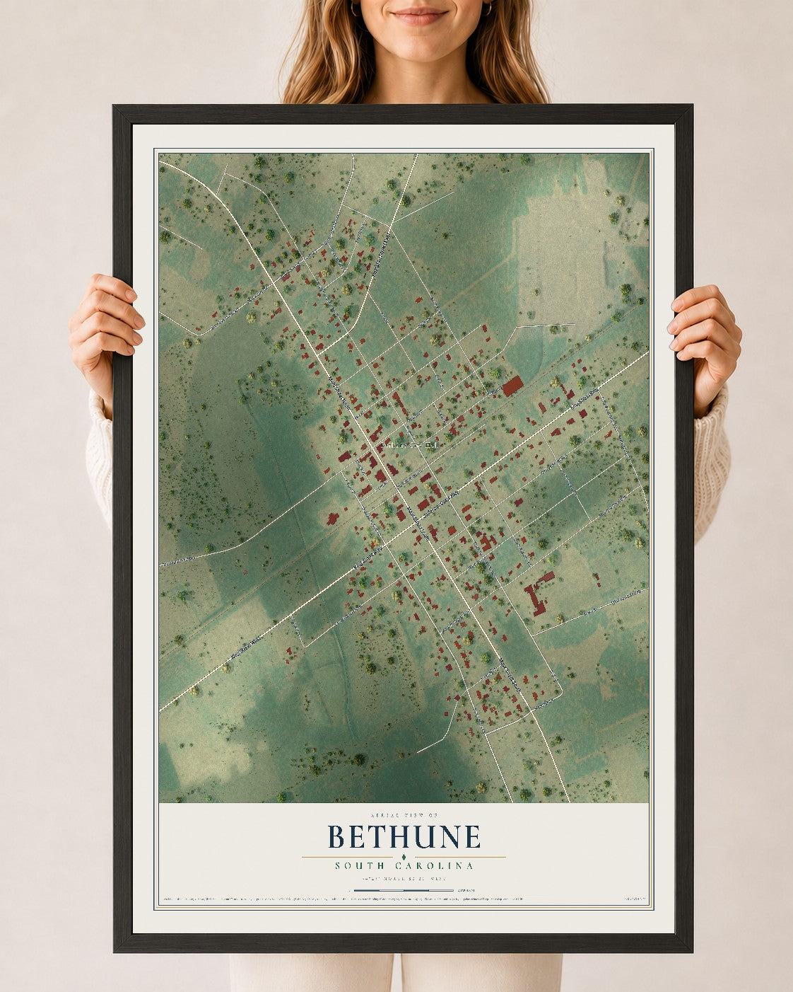Map of Bethune, South Carolina, 24 x 36 inch print in a black wood frame