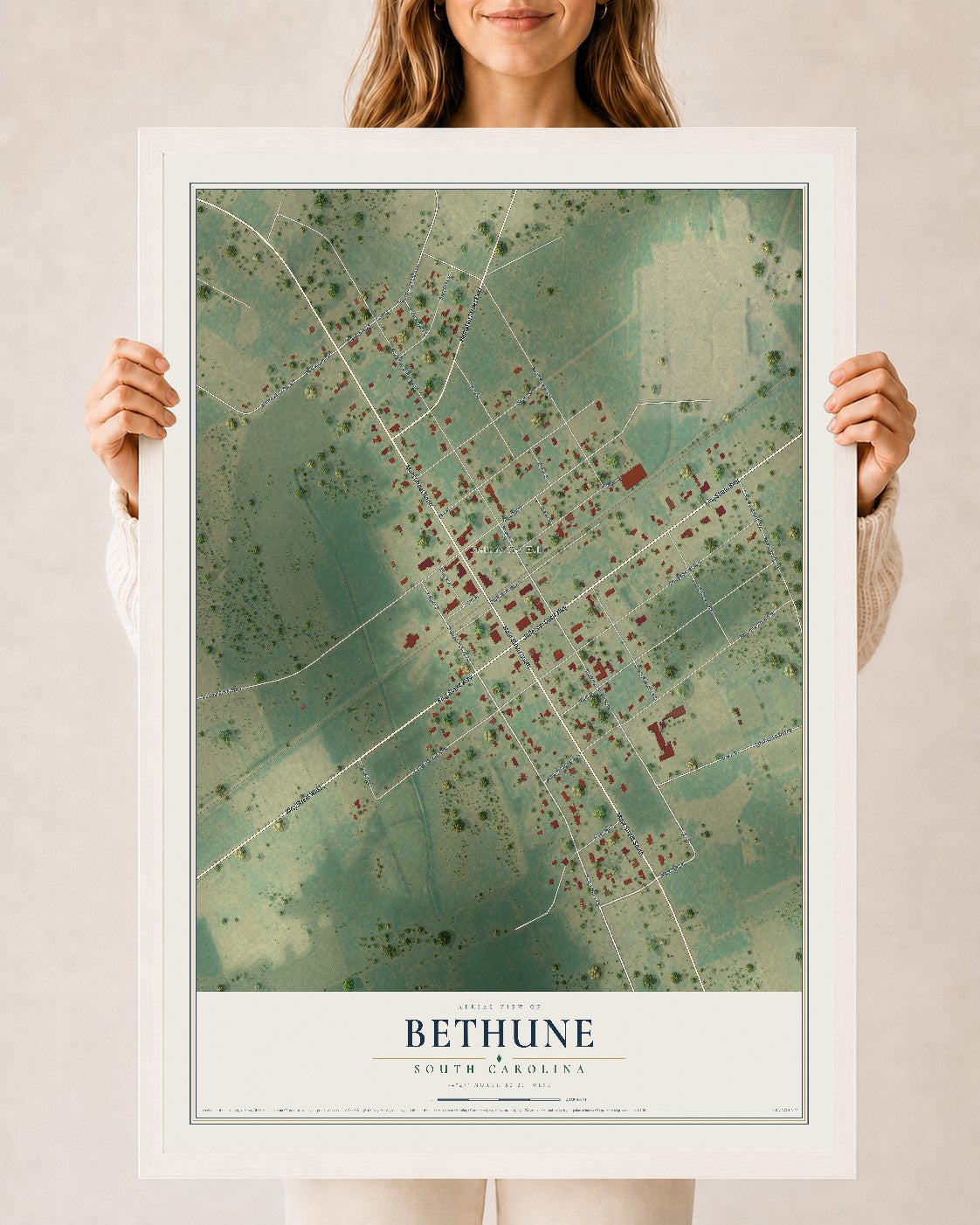 Map of Bethune, South Carolina, 24 x 36 inch print in a white wood frame