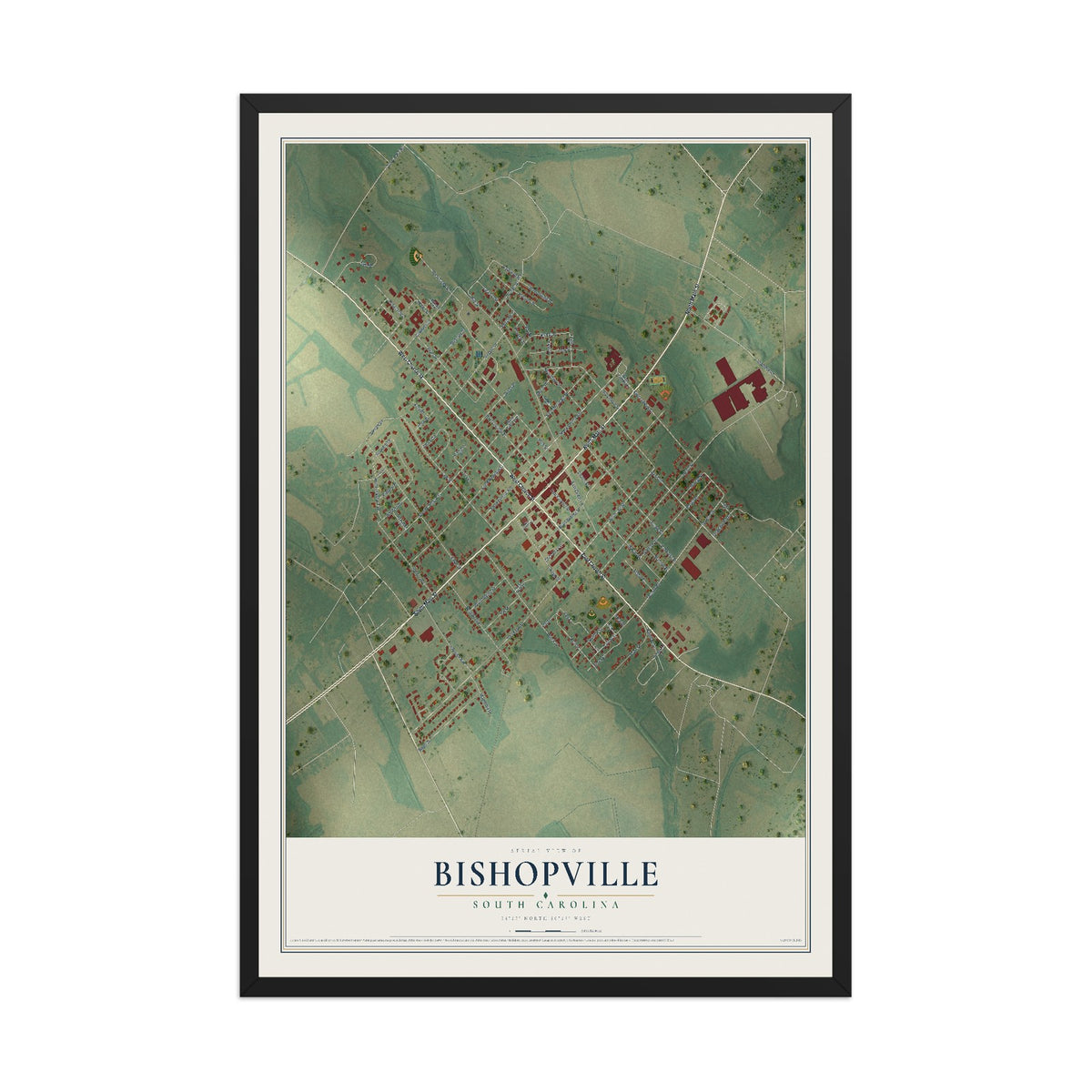 Map of Bishopville, South Carolina, 12 x 18 inch print in a black wood frame
